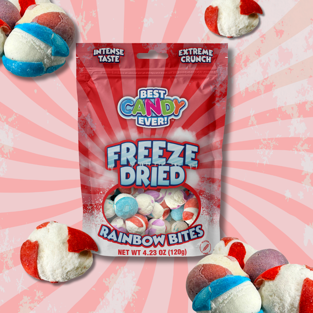 Rainbow Bites freeze dried candy bag on a colorful background