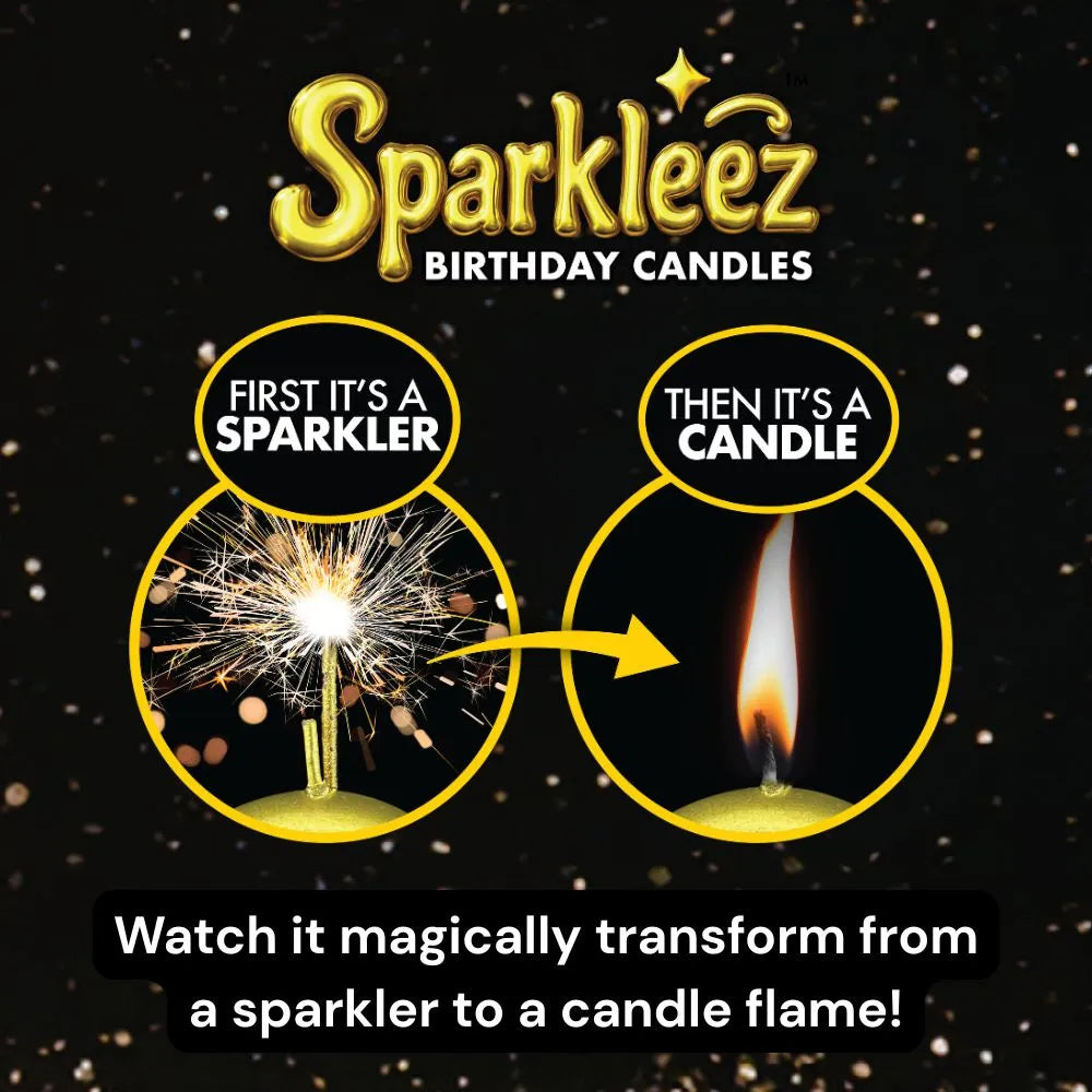 Infographic for Sparkleez birthday candles showing transformation from sparkler to candle