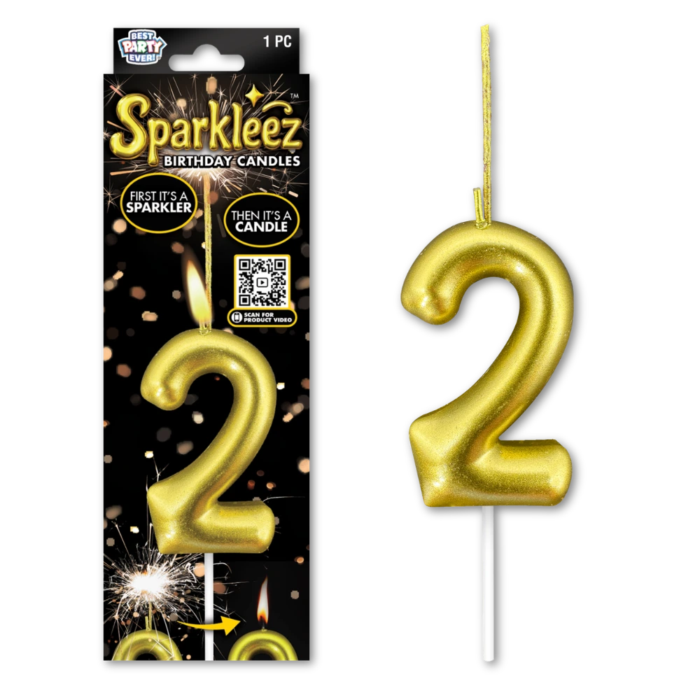 Gold number 2 sparkler birthday candle with packaging