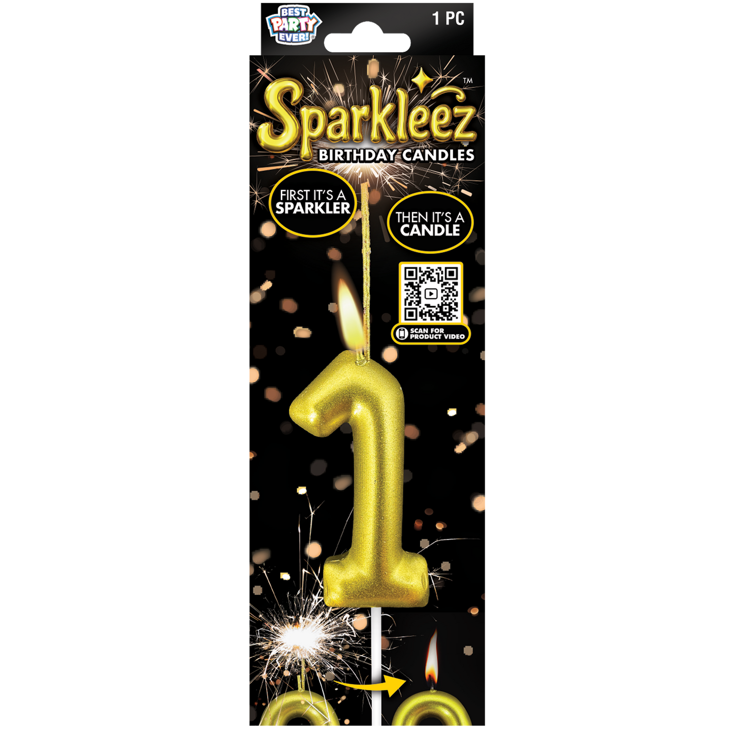 Gold number 1 birthday candle with sparkler feature in packaging