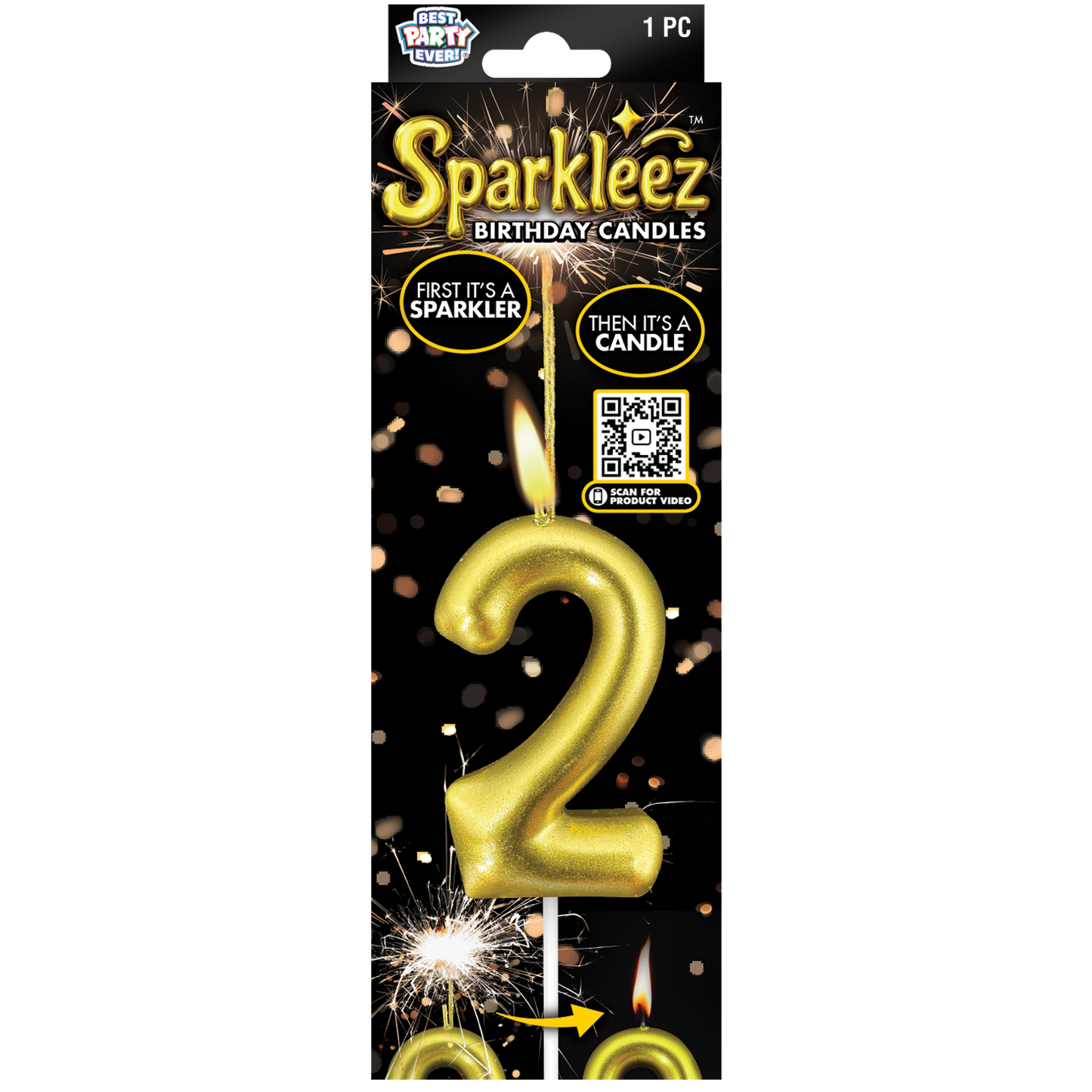 Gold number 2 birthday candle with sparkler feature in packaging