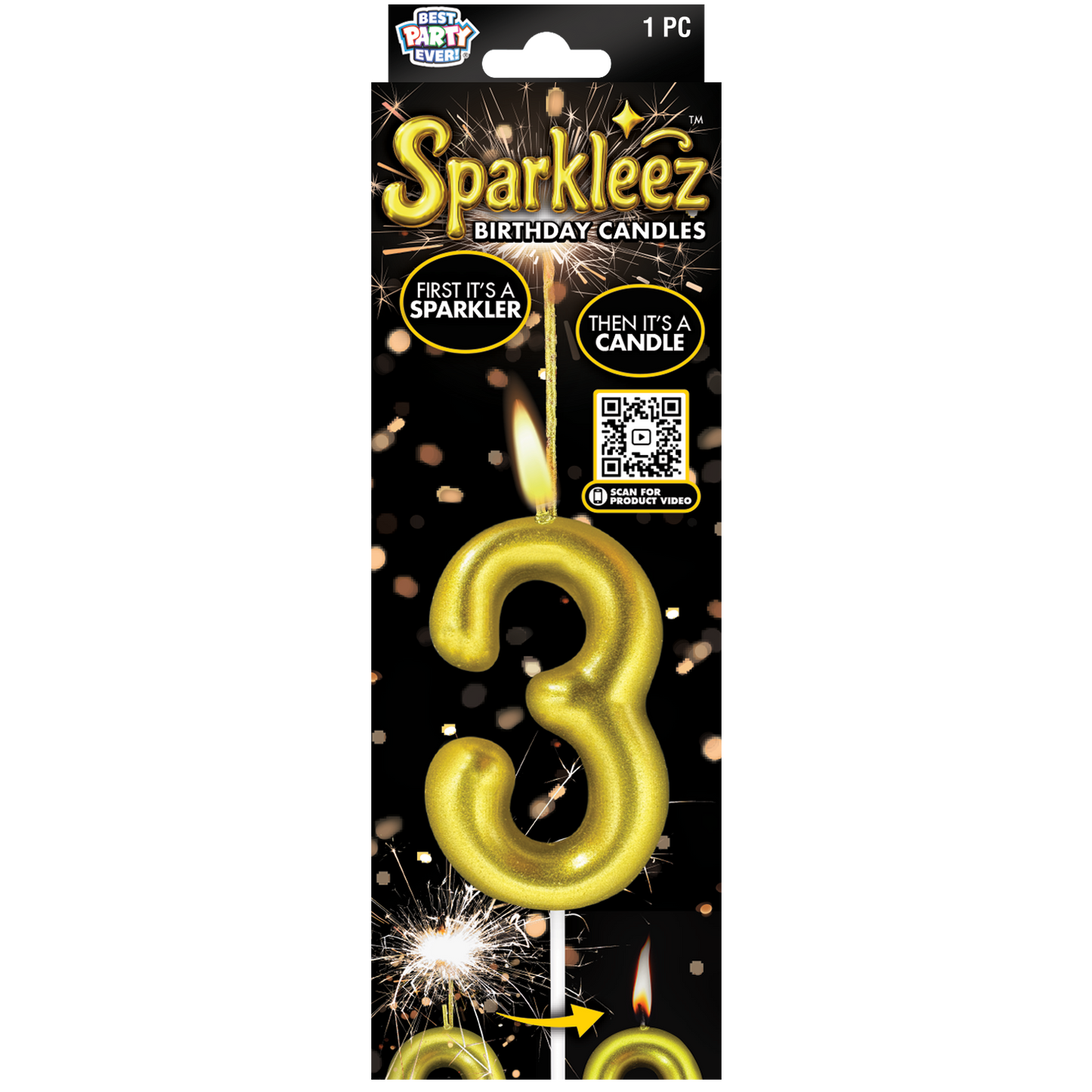 Gold number 3 birthday candle with sparkler feature in packaging