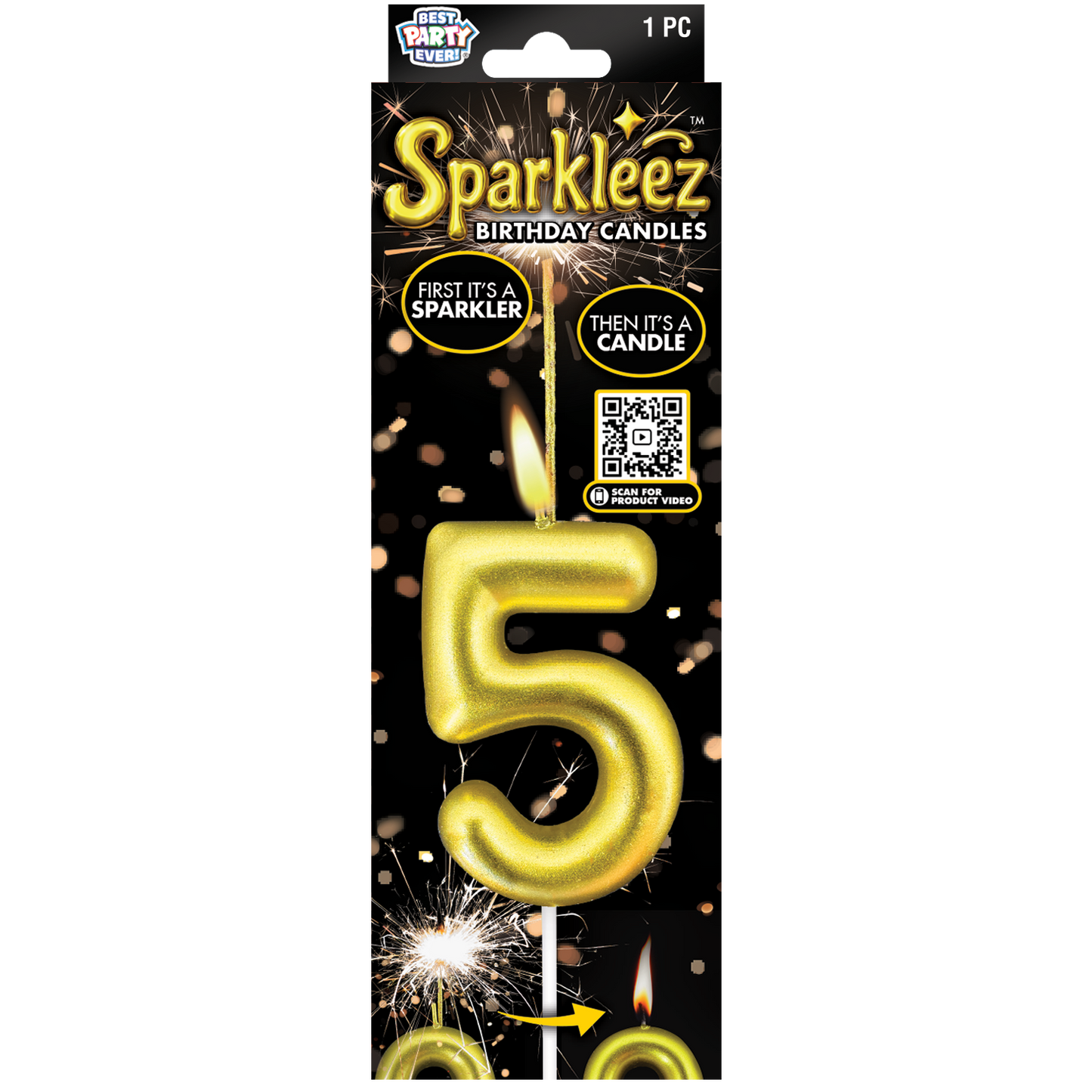 Gold number 5 birthday candle with sparkler feature in packaging