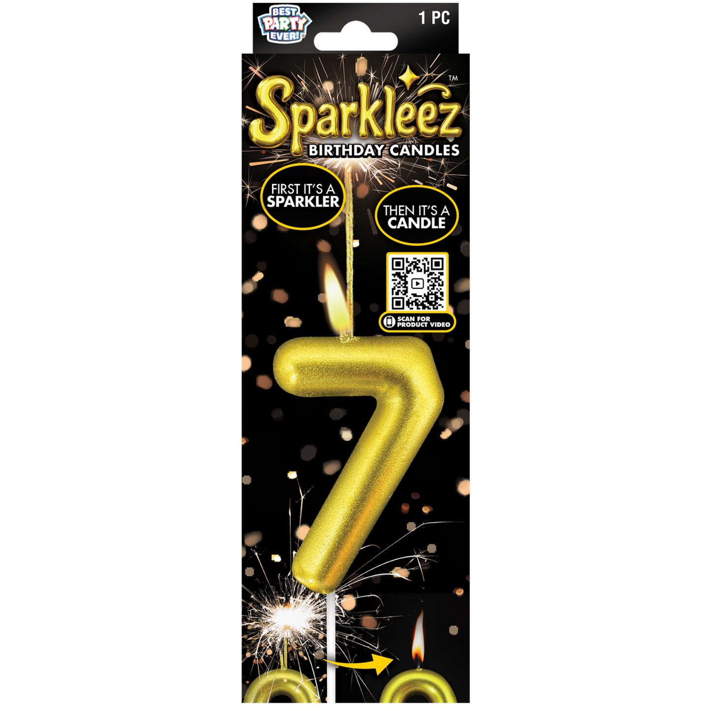 Gold number 7 birthday candle with sparkler feature in packaging