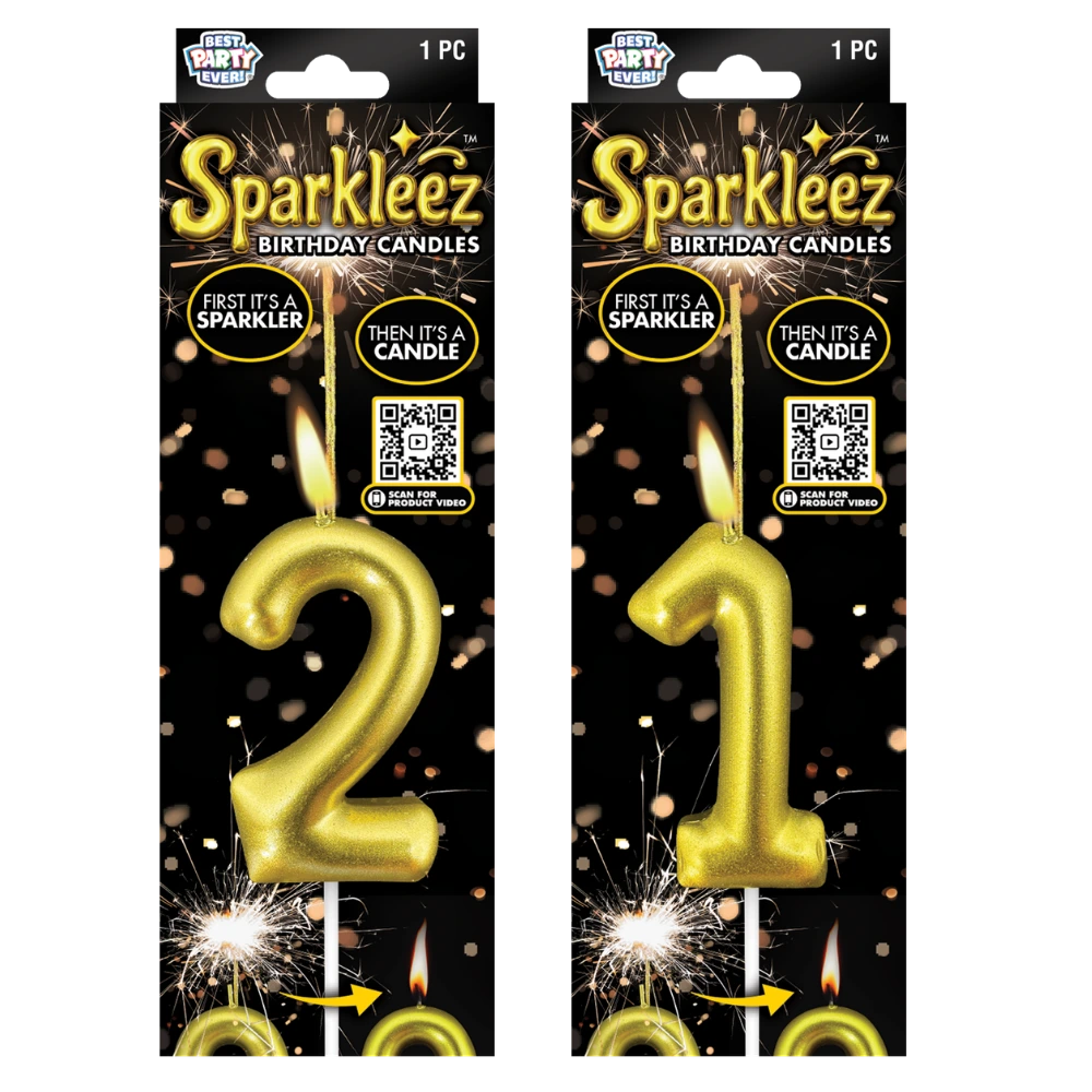 Two packages of Sparkleez birthday candles shaped like the number 21, with gold color and black packaging.