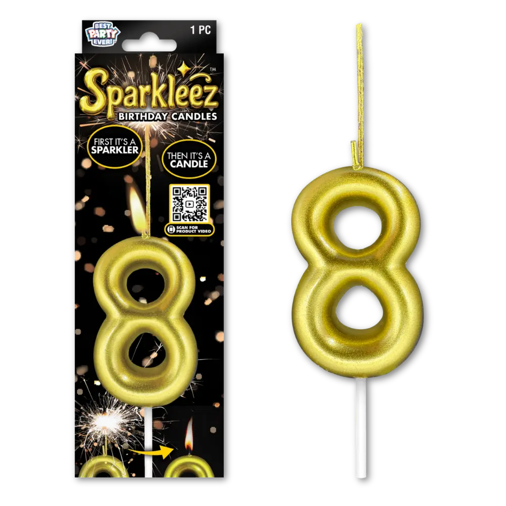Gold number 8 sparkler birthday candle with packaging