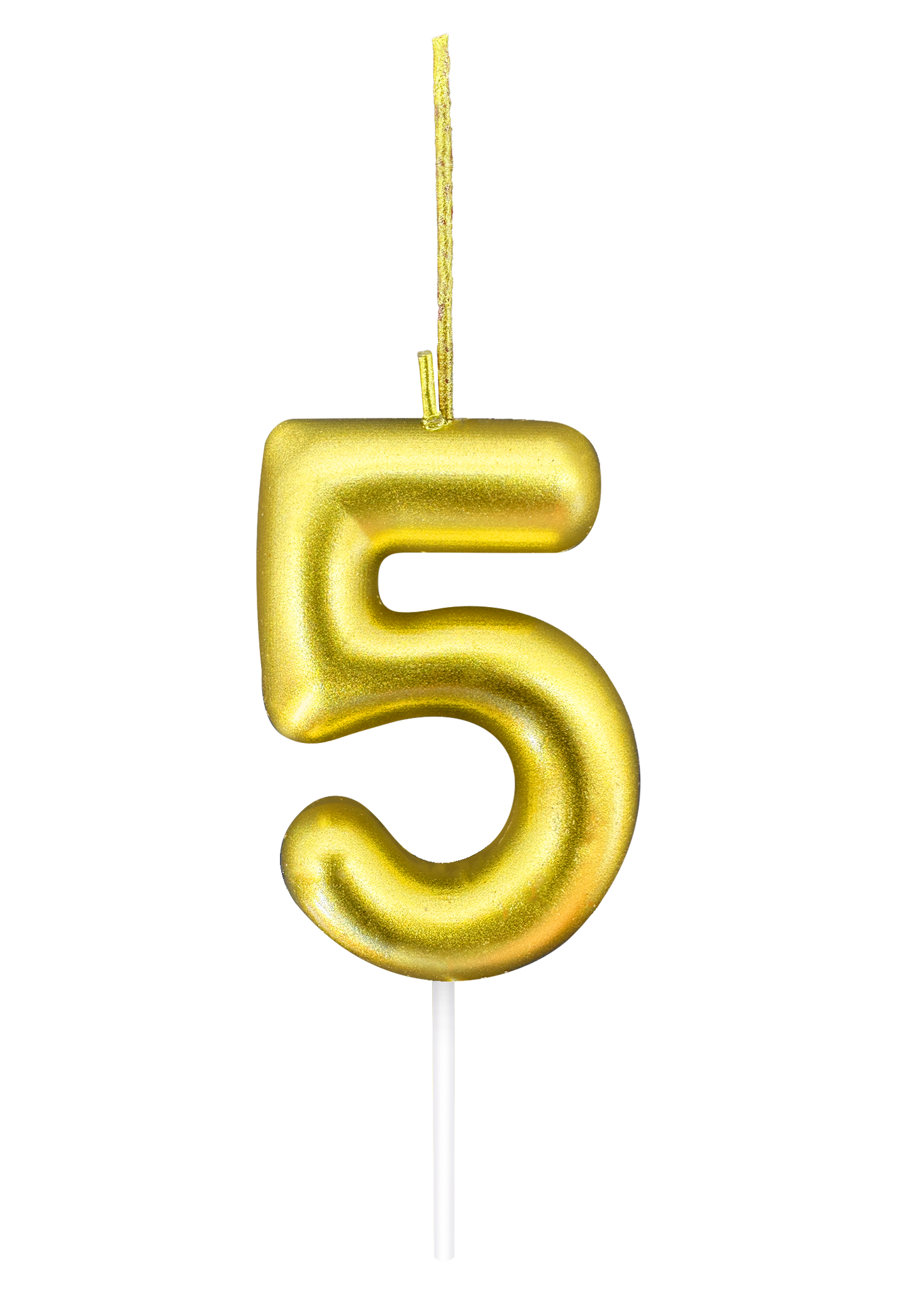 Gold number 5 candle with sparkler feature on a transparent background