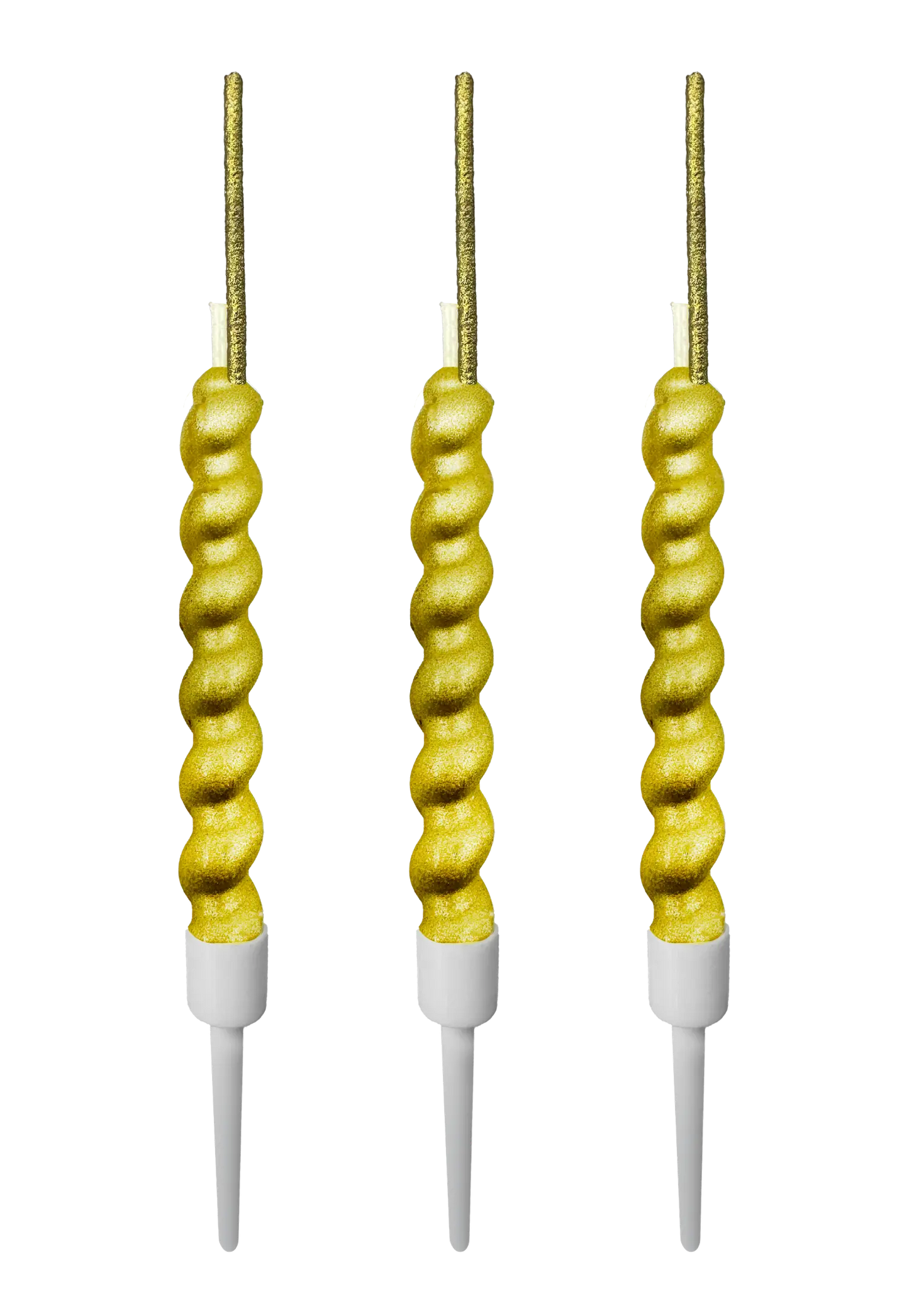 Three gold sparkler candles with a swirl design on a transparent background