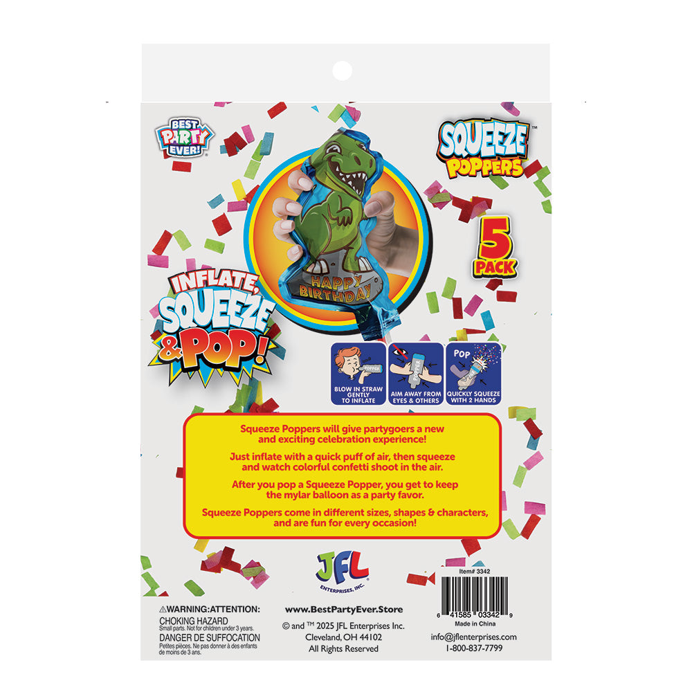 Squeeze Poppers Birthday Dinosaur Confetti Cannon