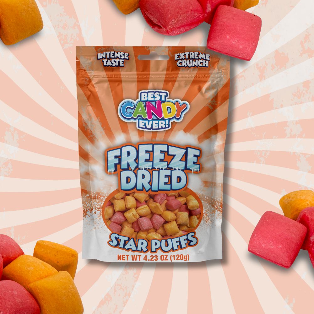 Star Puffs freeze dried candy bag on a colorful background