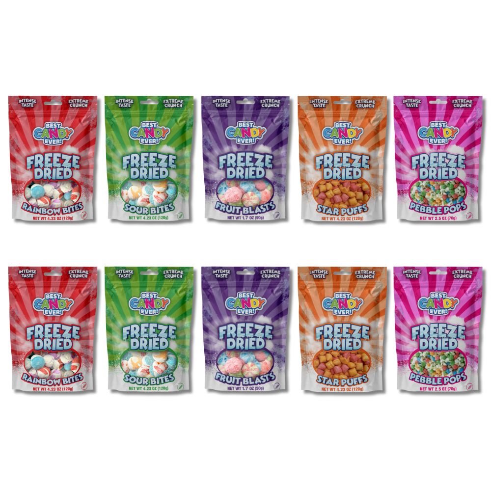 Assorted packages of Best Candy Ever freeze-dried candy on a white background