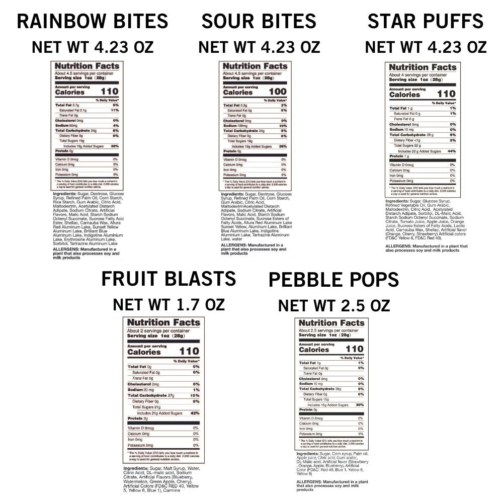 Nutrition labels for Best Candy ever freeze dried candy products on a white background