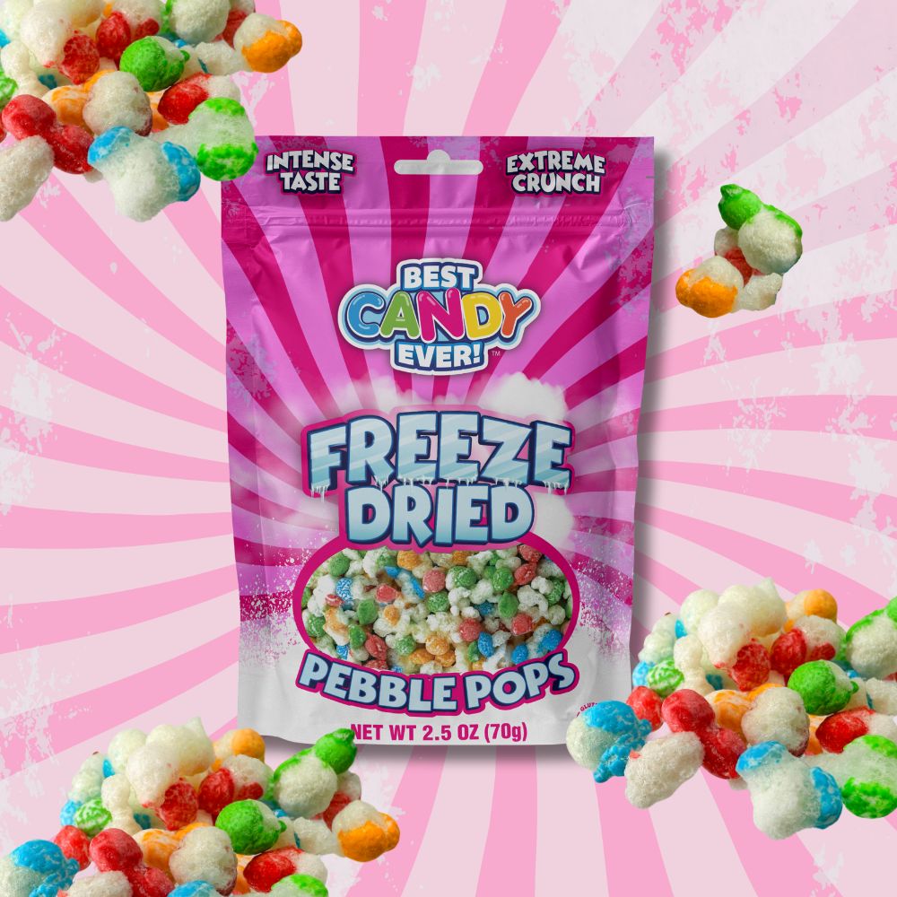 Packaging of Freeze Dried Pebble Pops candy with colorful candy around on a pink background