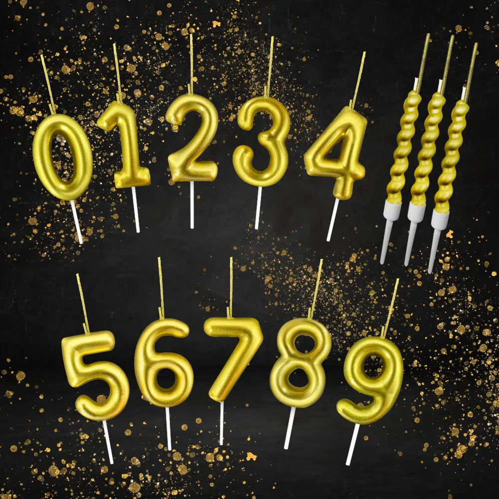 Gold number candles on a black background with gold confetti