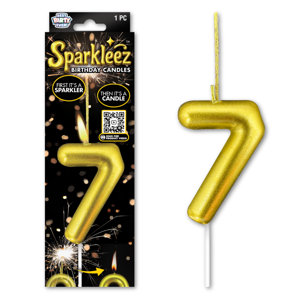Gold number 7 sparkler birthday candle with packaging