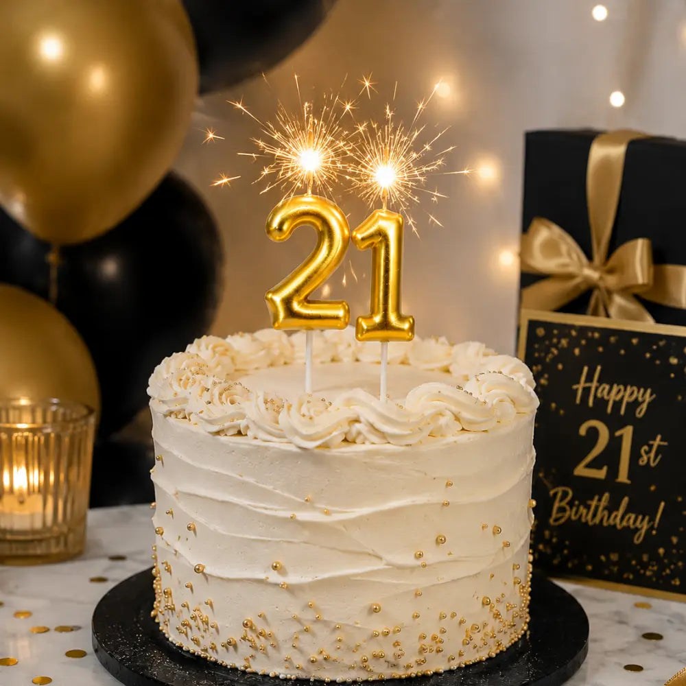 White cake with gold decorations and number 21 sparkler candles, surrounded by balloons and a 'Happy 21st Birthday!' card.