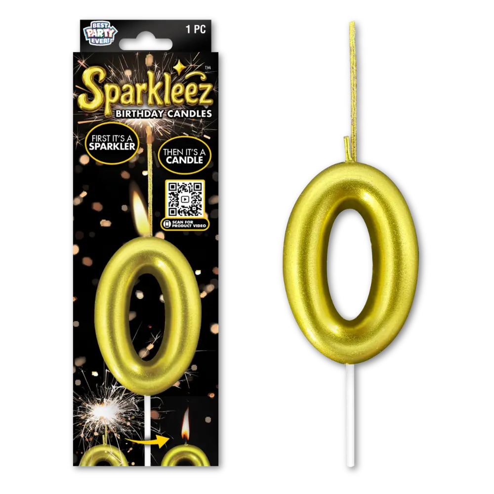 Gold number 0 sparkler birthday candle with packaging
