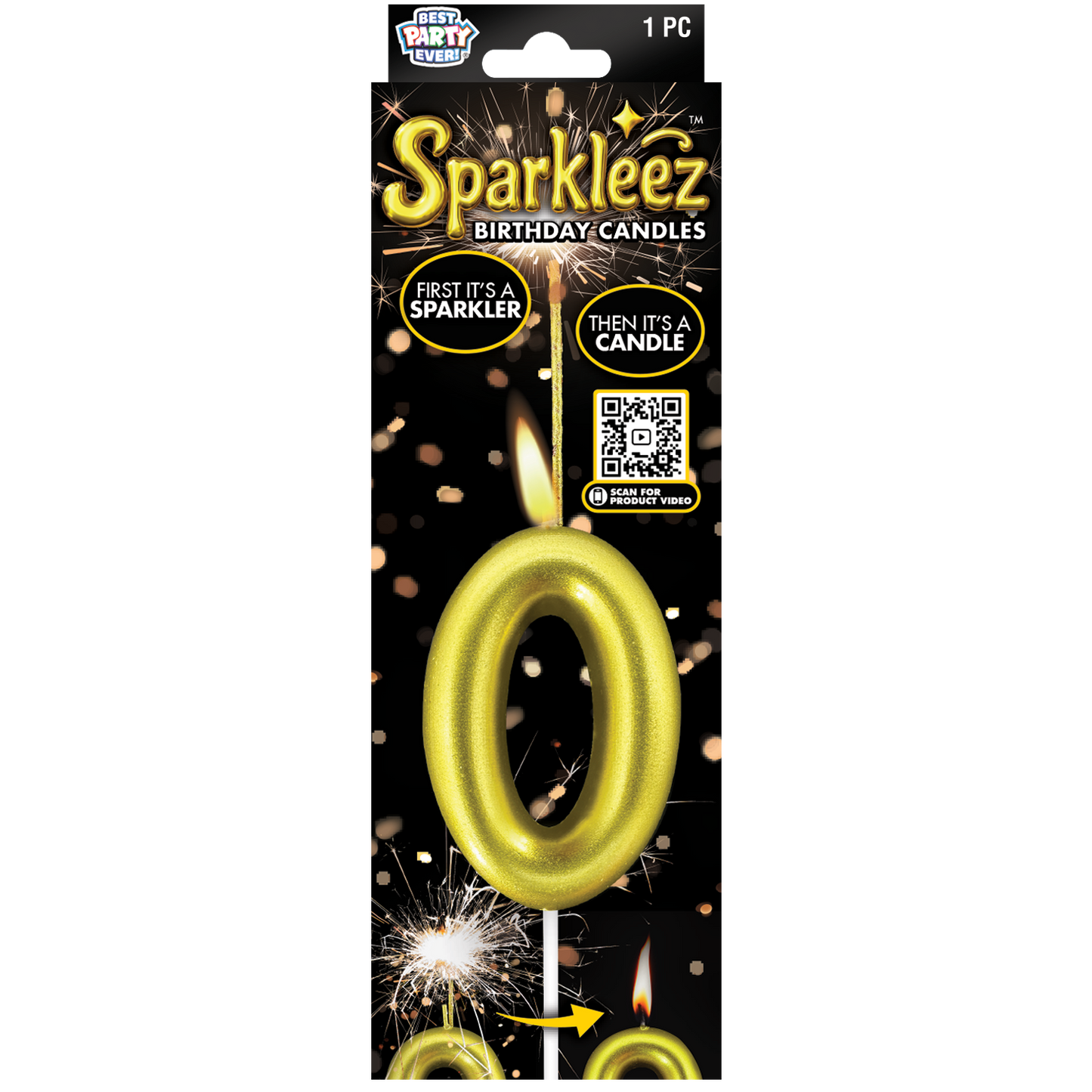 Gold number 0 birthday candle with sparkler feature in packaging