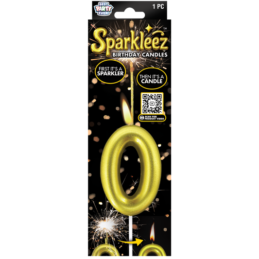 Gold number 0 birthday candle with sparkler feature in packaging