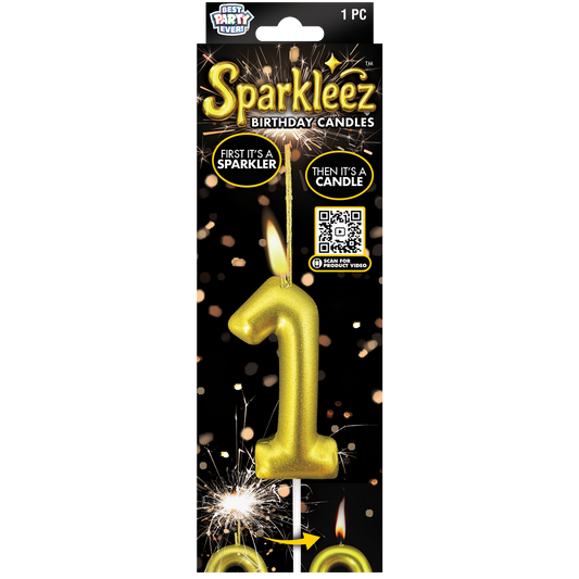 Gold number 1 birthday candle with sparkler feature in packaging