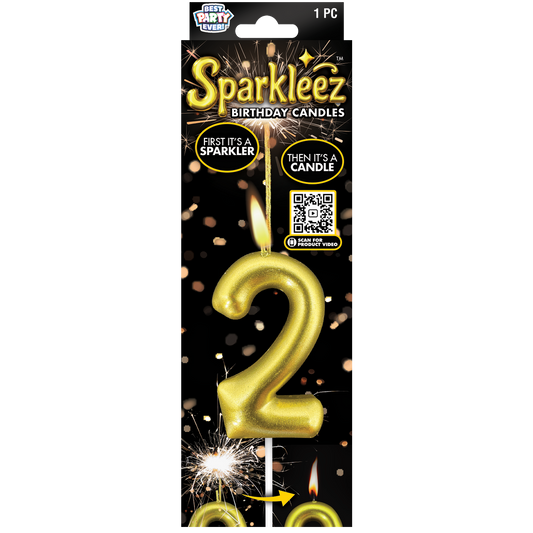 Gold number 2 birthday candle with sparkler feature in packaging