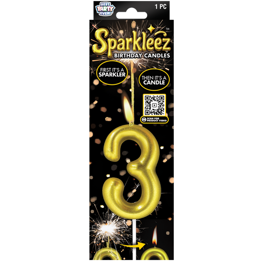 Gold number 3 birthday candle with sparkler feature in packaging