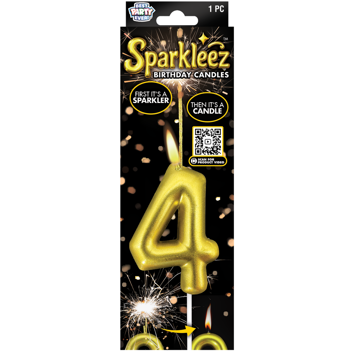 Gold number 4 birthday candle with sparkler feature in packaging