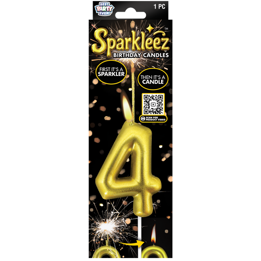 Gold number 4 birthday candle with sparkler feature in packaging