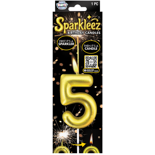 Gold number 5 birthday candle with sparkler feature in packaging