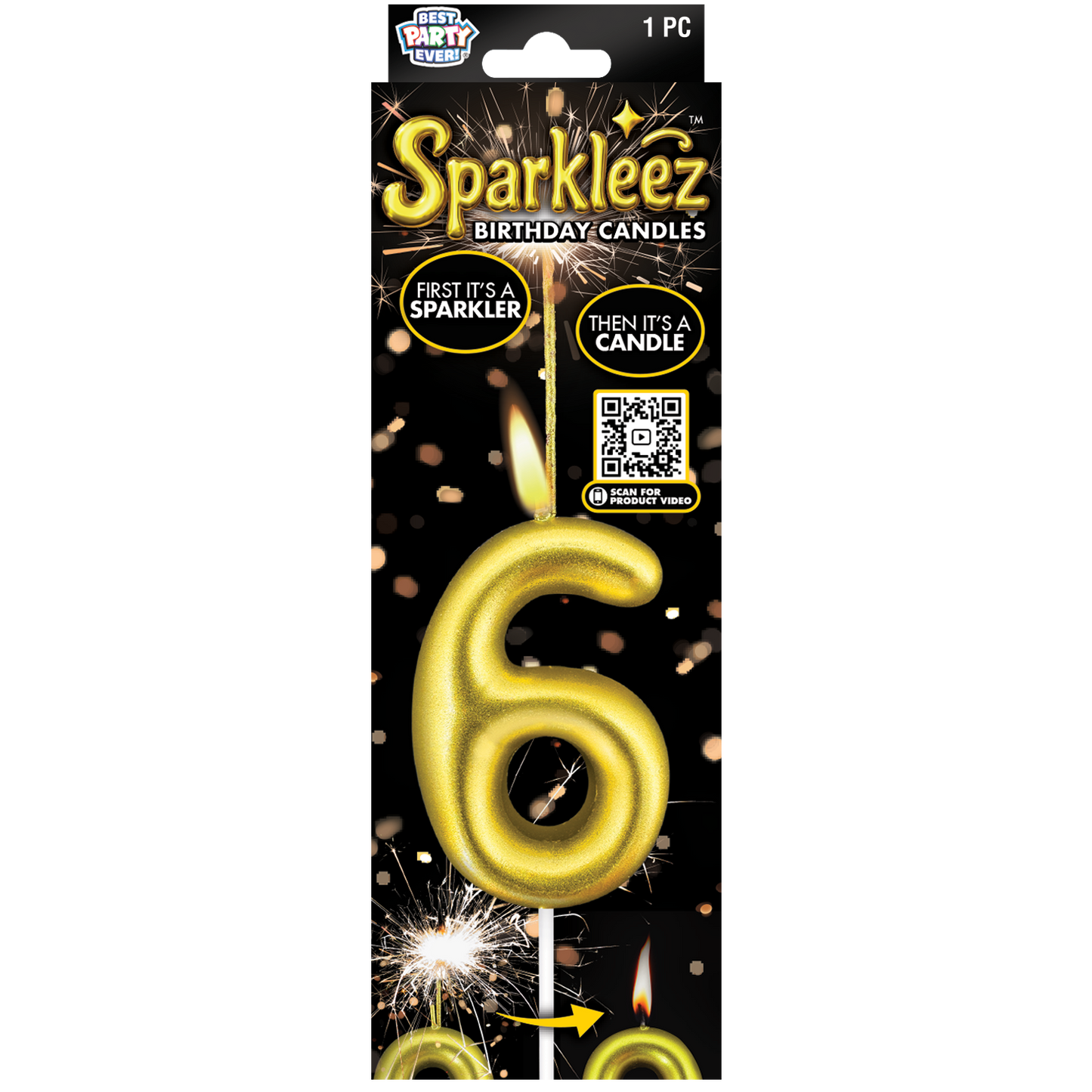 Gold number 6 birthday candle with sparkler feature in packaging