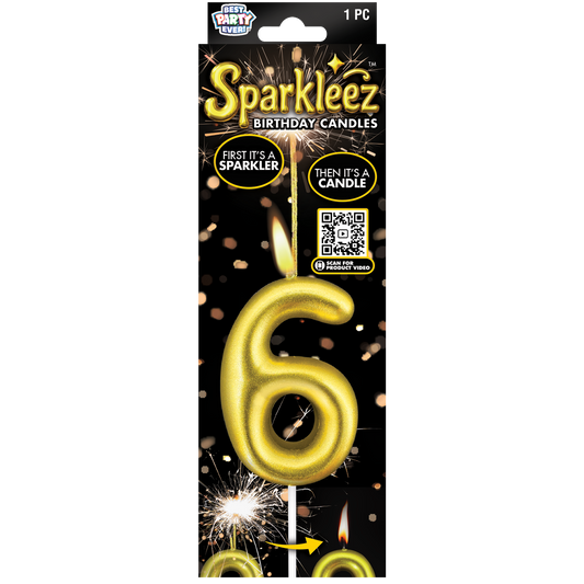 Gold number 6 birthday candle with sparkler feature in packaging