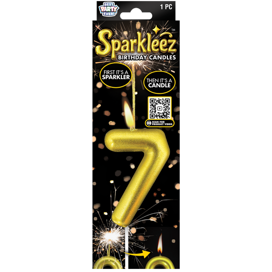 Gold number 7 birthday candle with sparkler feature in packaging