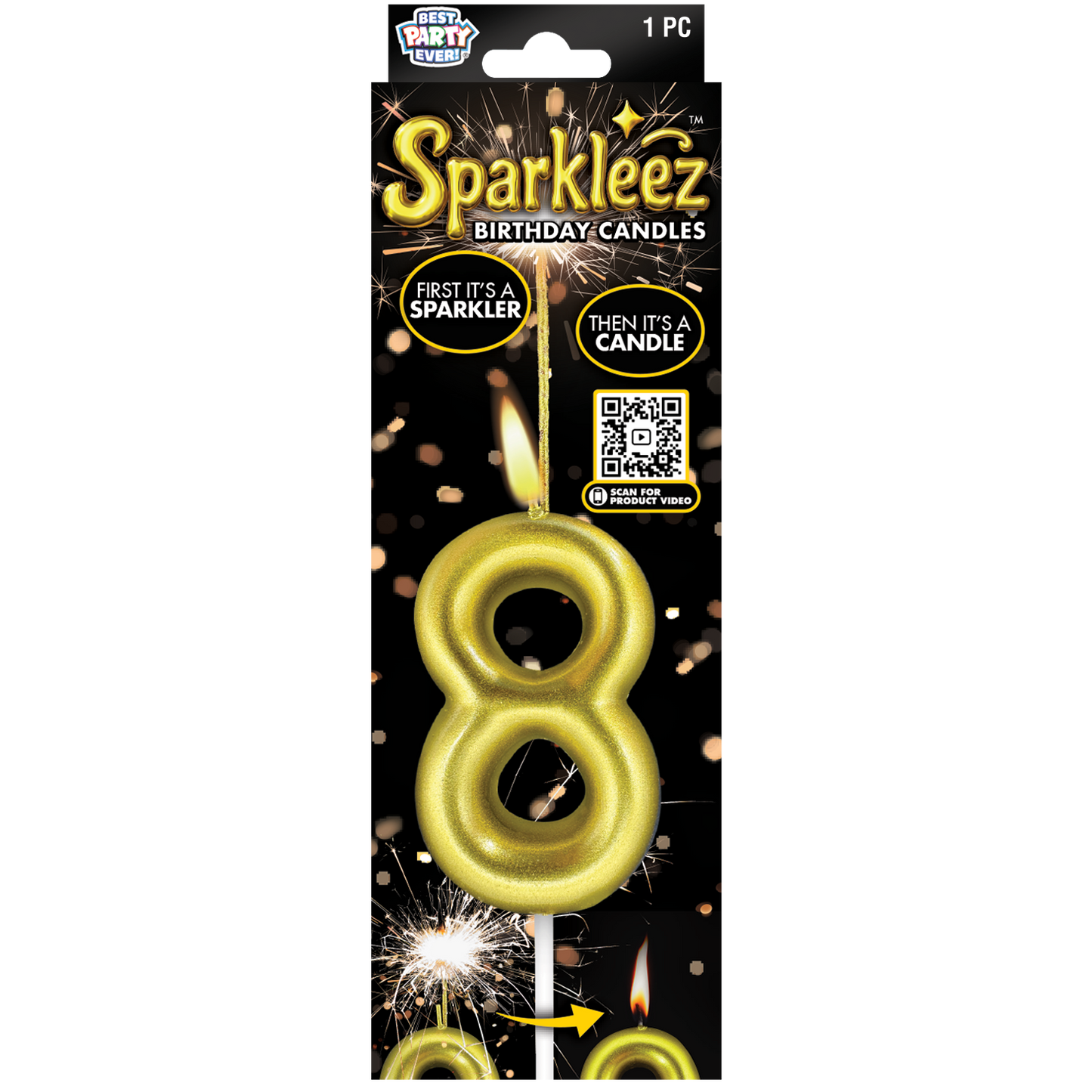 Gold number 8 birthday candle with sparkler feature in packaging