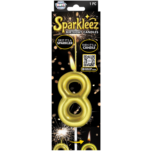 Gold number 8 birthday candle with sparkler feature in packaging