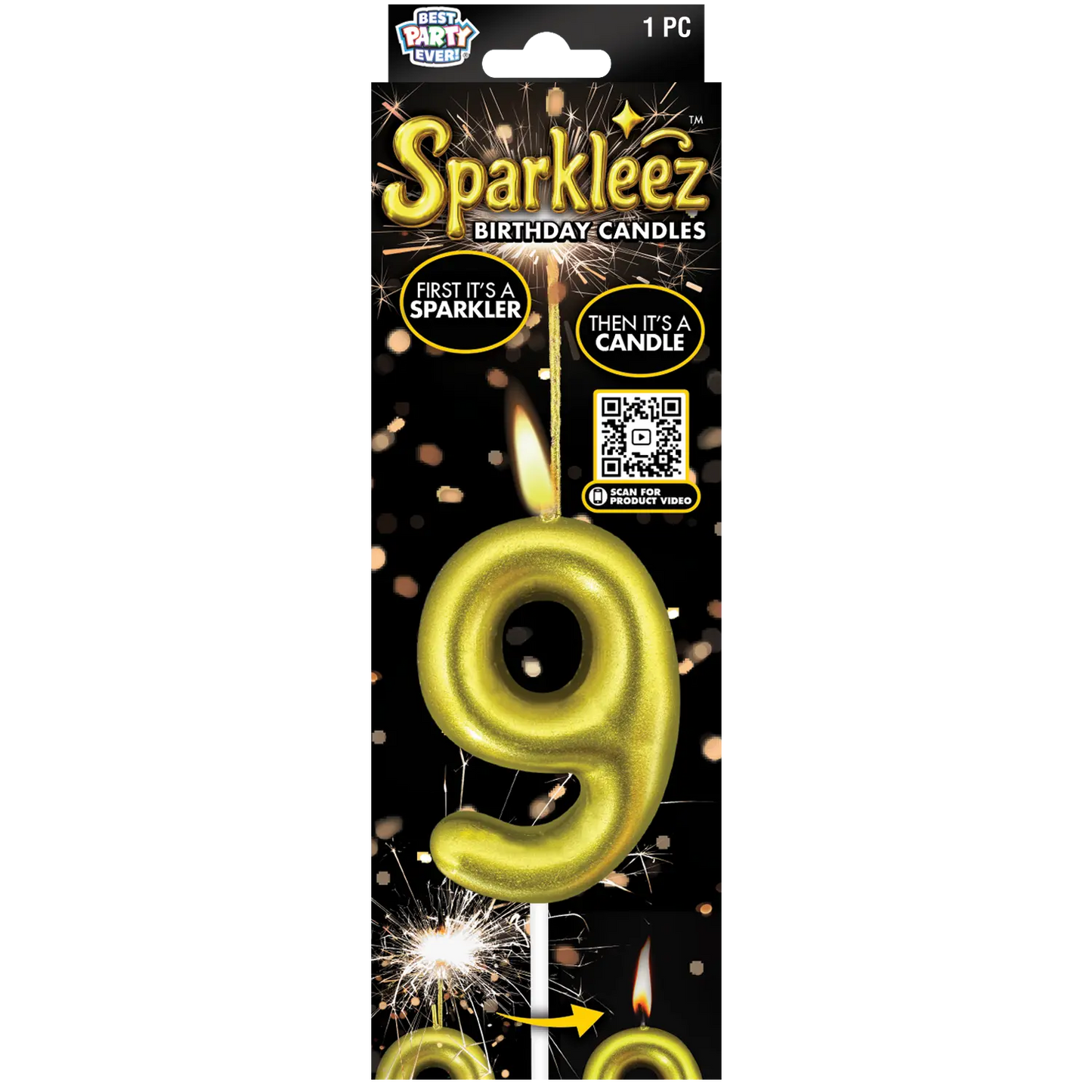 Gold number 9 birthday candle with sparkler feature in packaging