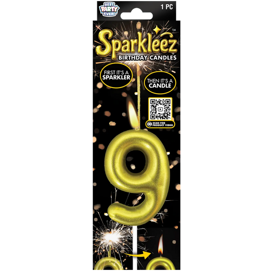 Gold number 9 birthday candle with sparkler feature in packaging