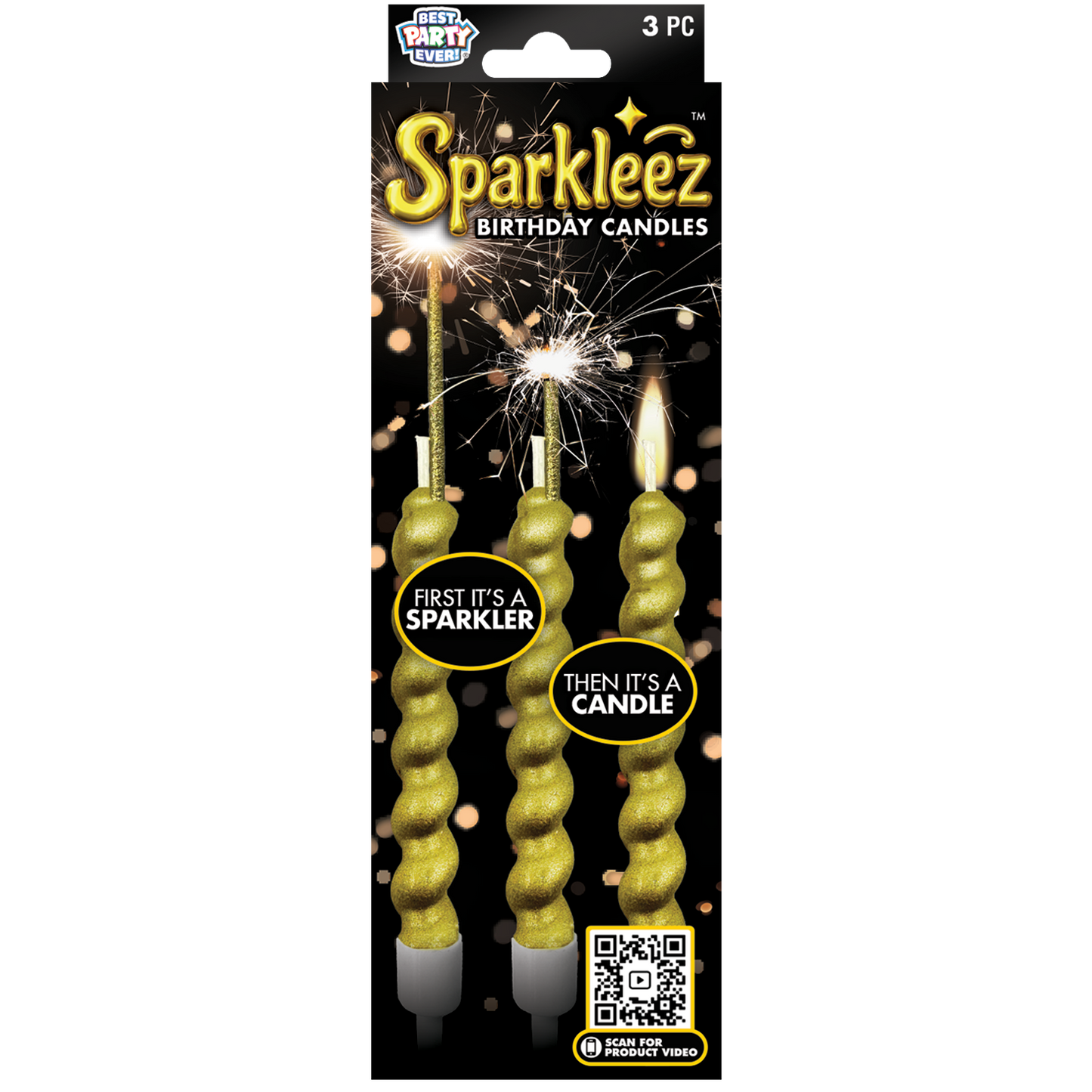 Three gold sparkler candles with a swirl design in packaging