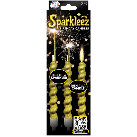 Three gold sparkler candles with a swirl design in packaging