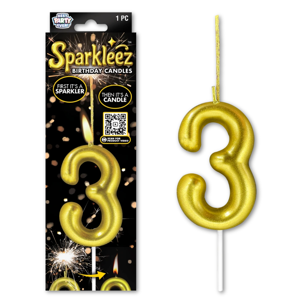 Gold number 3 sparkler birthday candle with packaging