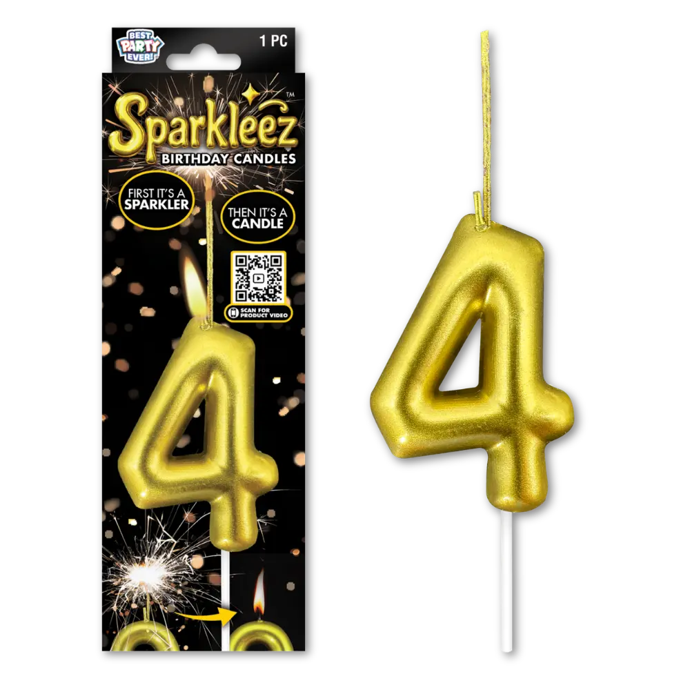 Gold number 4 sparkler birthday candle with packaging