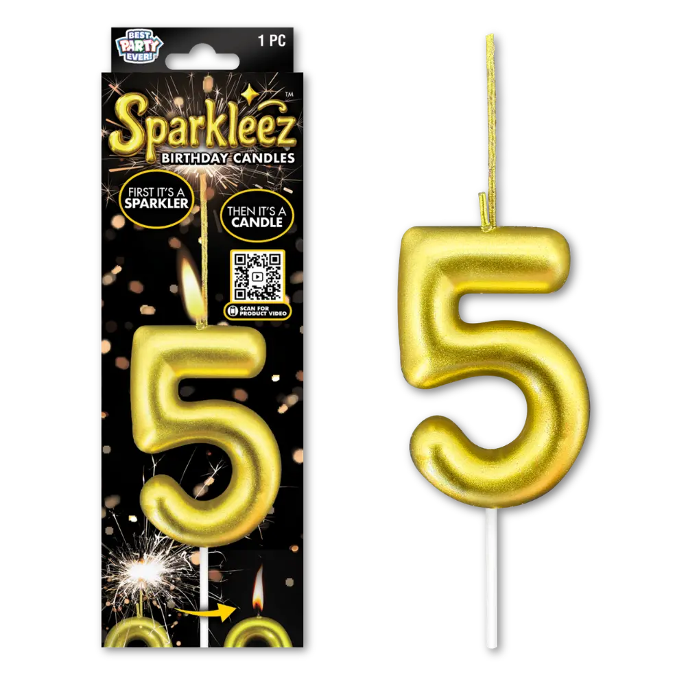 Gold number 5 sparkler birthday candle with packaging