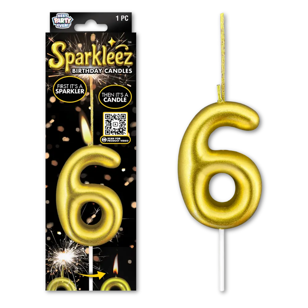 Gold number 6 sparkler birthday candle with packaging