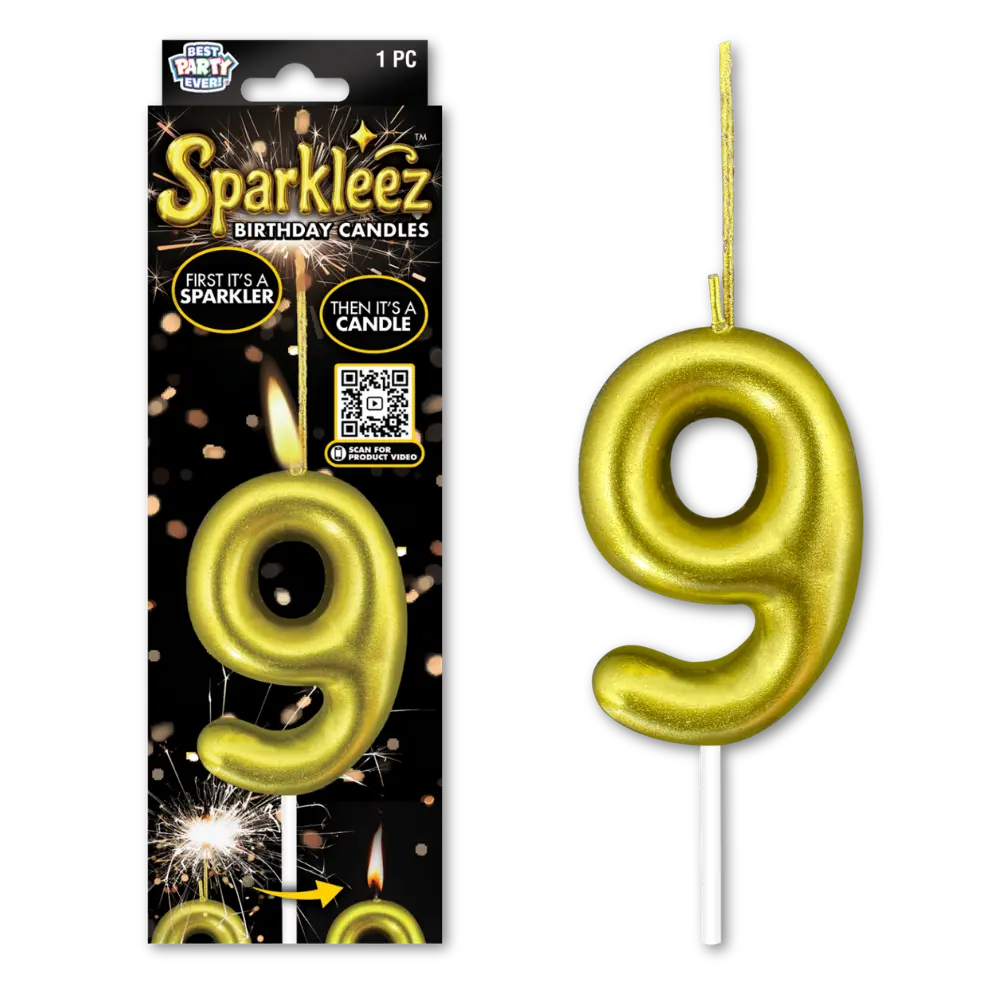 Gold number 9 sparkler birthday candle with packaging