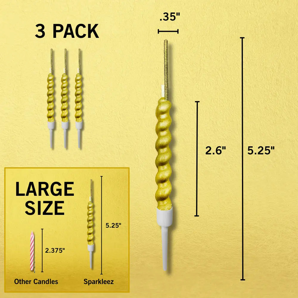 Gold spiral candles with dimensions on a yellow background