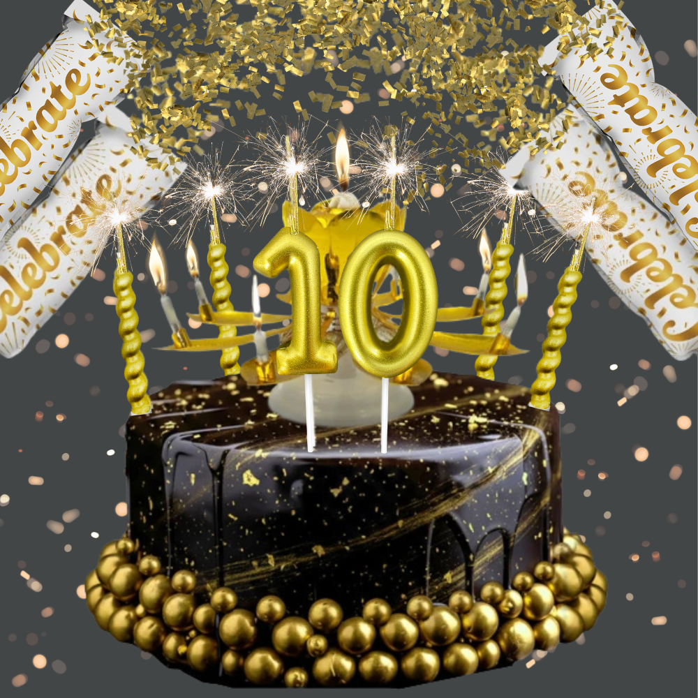 A golden birthday bundle featuring a black and gold frosted cake with gold frosting, gold sparkler candles, and white 'Celebrate' confetti poppers against a dark background with gold confetti.